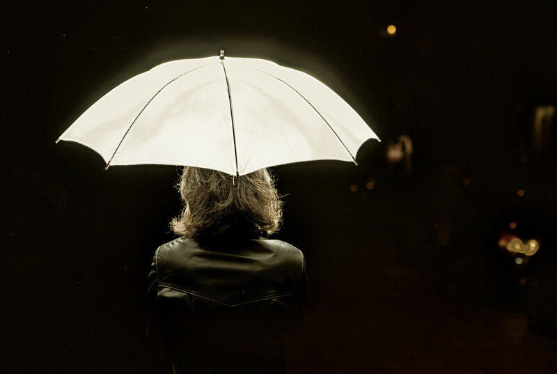 Person with Umbrella — Black, Dramatic, Night, Photograph, Leather Jacket