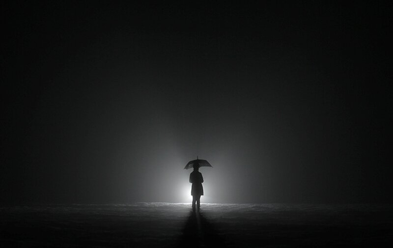Person with Umbrella — Black, Dramatic, Night, Photograph