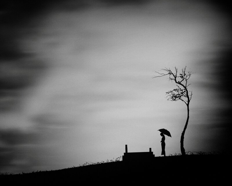 Person with Umbrella — Black, Dramatic, Night, Photograph, Tree