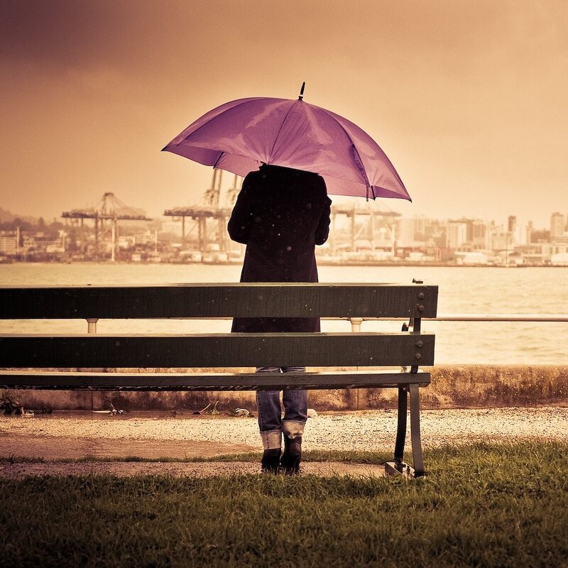 Person with umbrella by water