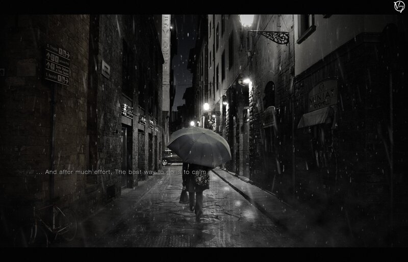 Person with Umbrella in Alley — Black, Dramatic