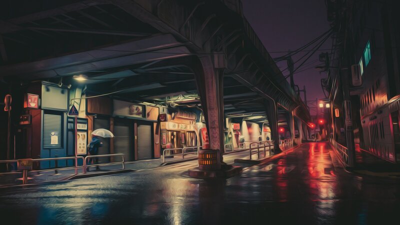 Person with Umbrella in Alley — Purple