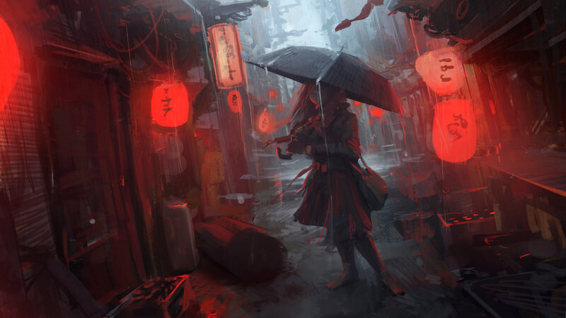 Person with Umbrella in Alley — Red, Dramatic, Night