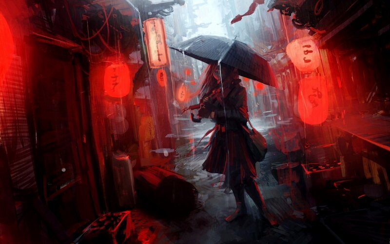 Person with Umbrella in Alley — Red, Dramatic