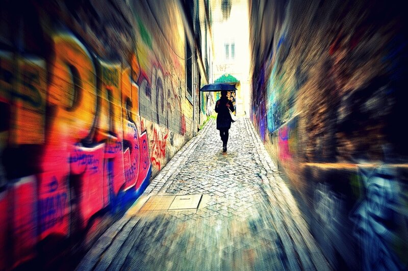 Person with Umbrella in Alley — Red, Dynamic