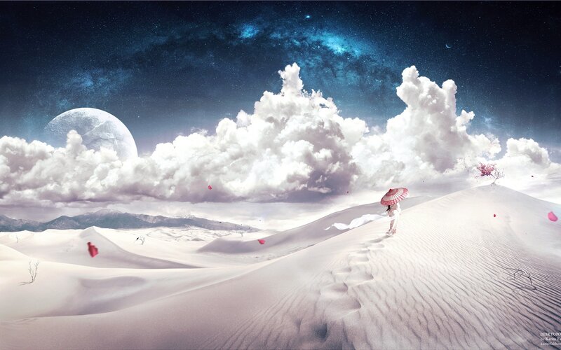 Person with Umbrella in Desert — White, Serene