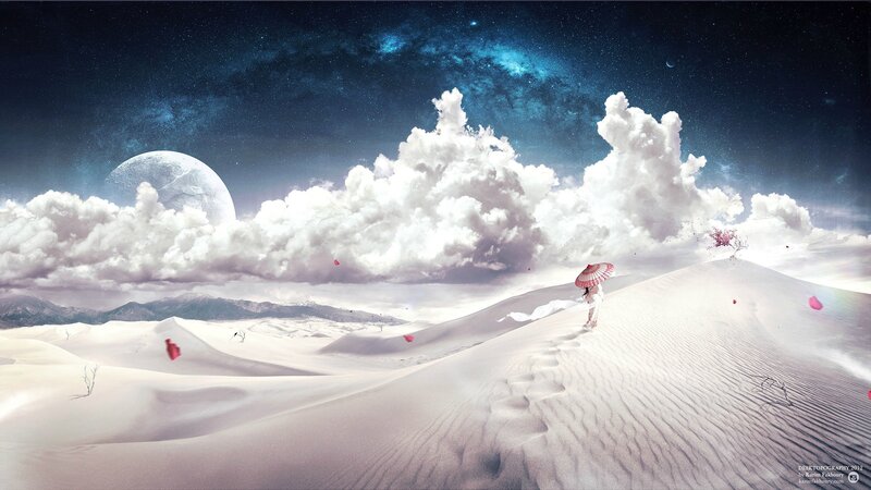 Person with Umbrella in Desert — White