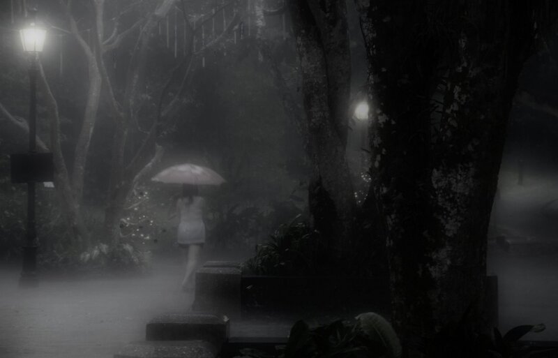 person with umbrella in fog
