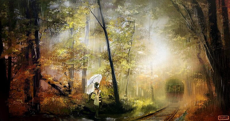 Person with Umbrella in Forest — Green, Serene