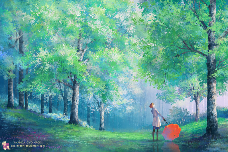 Person with Umbrella in Forest — Green