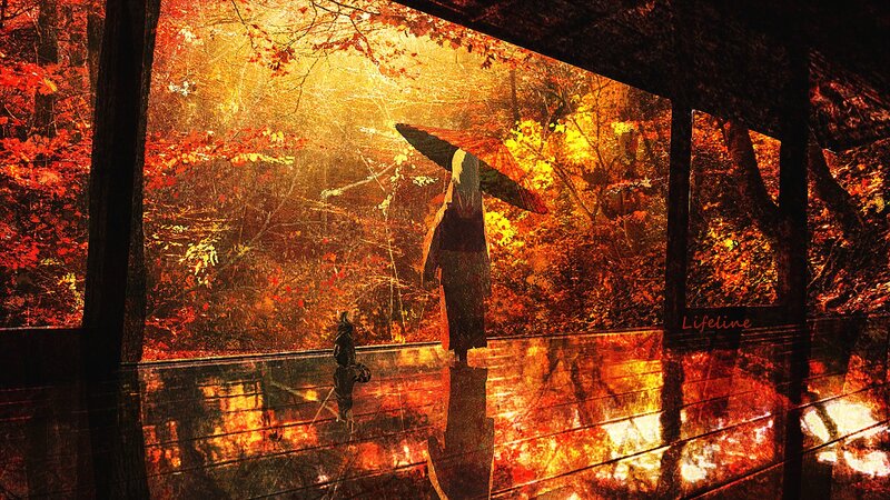 Person with Umbrella in Forest — Red