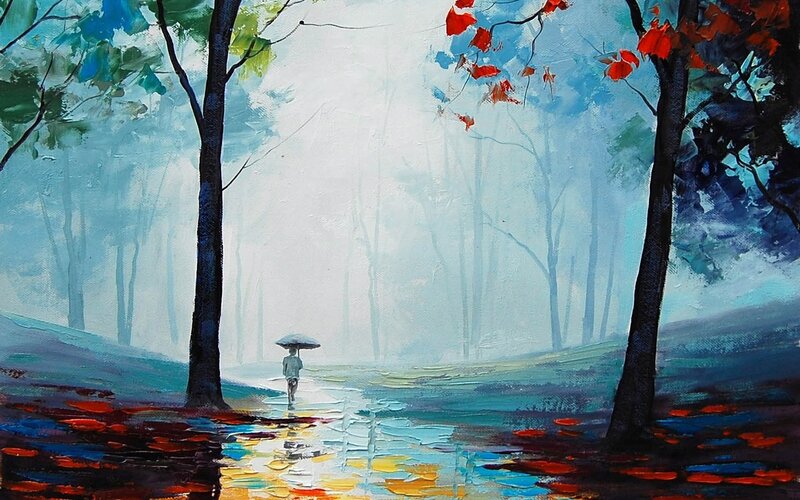 Person with Umbrella in Forest
