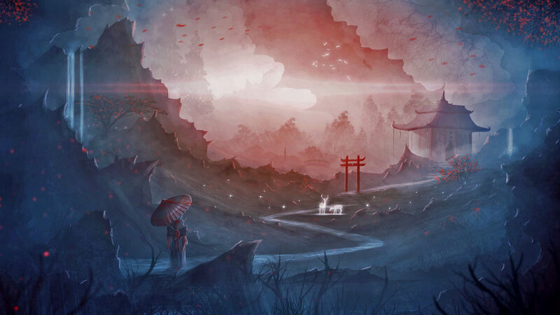 Person with Umbrella in Mountains