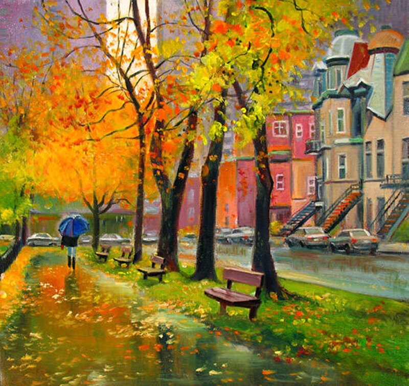 Person with Umbrella in Park — Orange, Calm