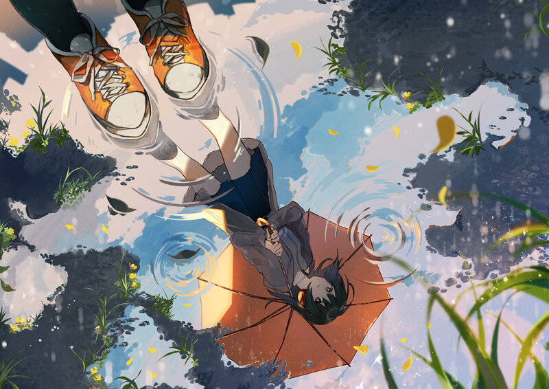 Person with Umbrella in Puddle — Blue