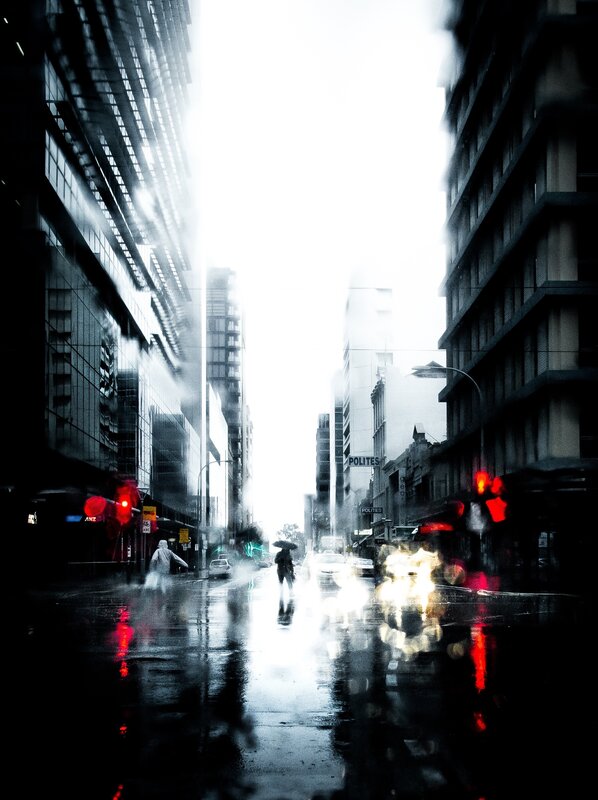 Person with Umbrella in Rain — Black, Dramatic, Night, Photograph