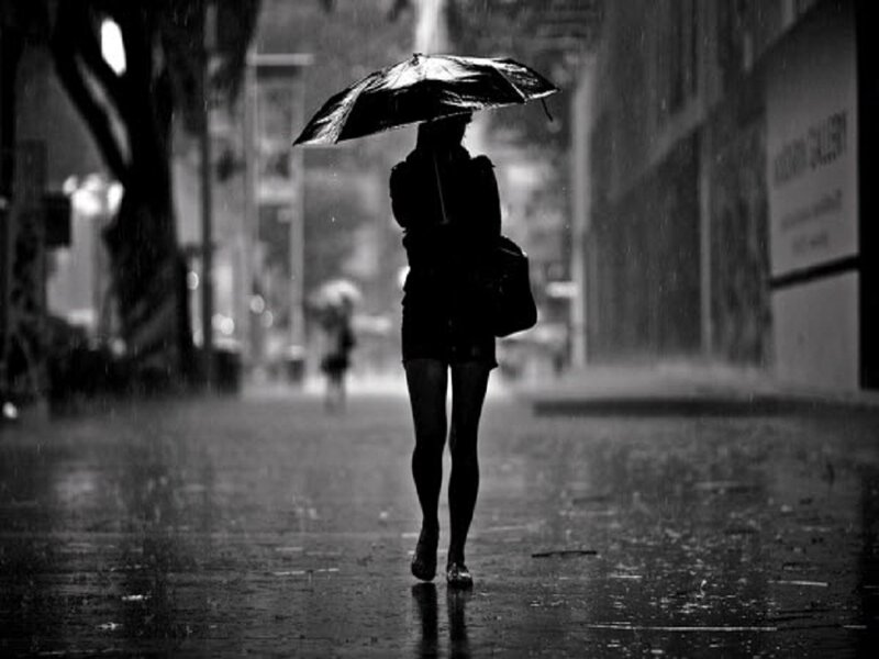 Person with Umbrella in Rain — Black, Dramatic, Night