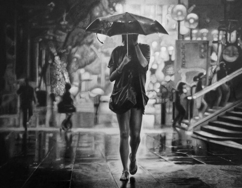 Person with Umbrella in Rain — Black, Moody