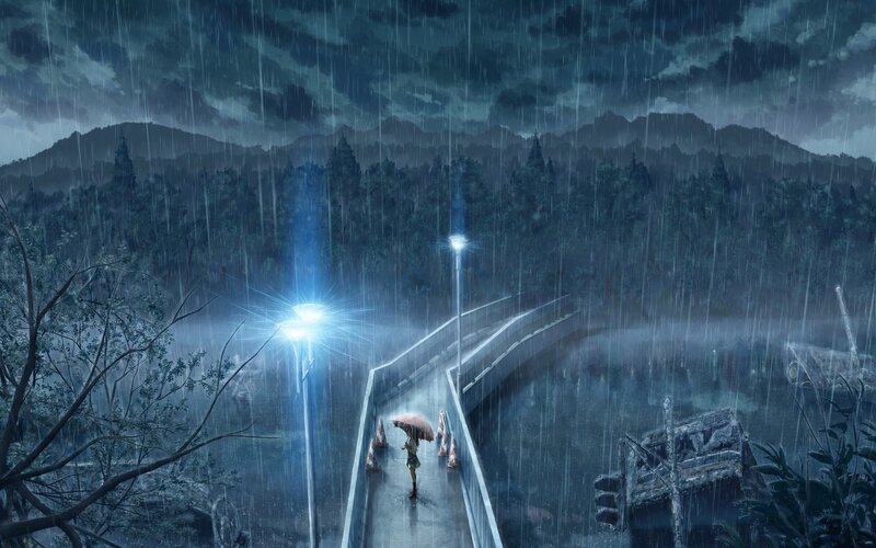 Person with Umbrella in Rain — Blue, Dramatic, Night, Digital Art, Bridge, Streetlights, Mountains