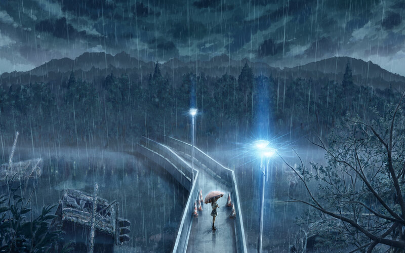 Person with Umbrella in Rain — Blue, Dramatic, Night, Digital Art, Bridge, Streetlights