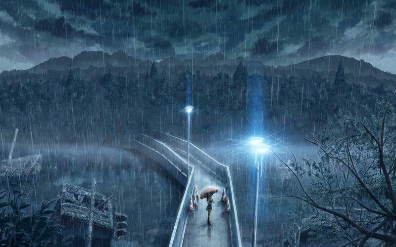 Person with Umbrella in Rain — Blue, Dramatic, Night, Digital Art, Bridge