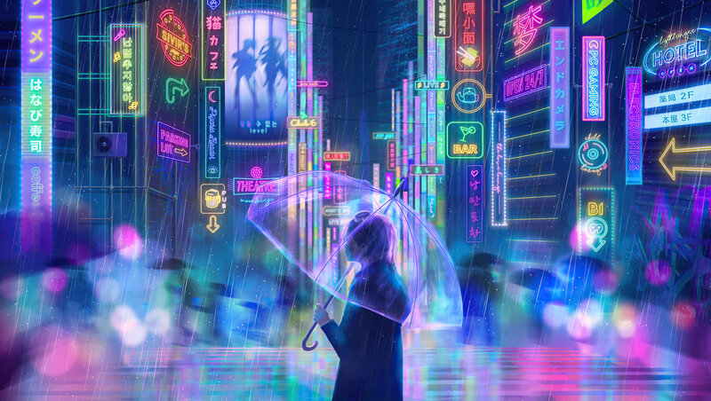 Person with Umbrella in Rain — Blue, Dramatic, Night, Digital Art, Neon Signs, City Street