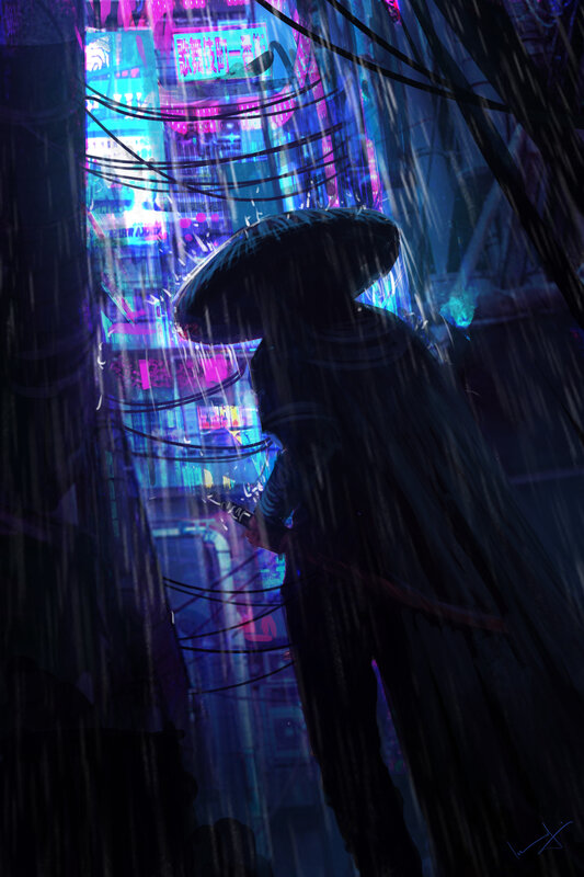 Person with Umbrella in Rain — Blue, Dramatic, Night, Digital Art, Neon Signs