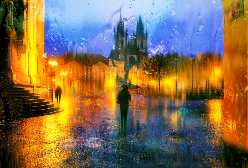 Person with Umbrella in Rain — Blue, Dramatic, Night, Digital Art