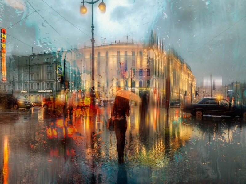 Person with Umbrella in Rain — Blue, Dramatic, Night