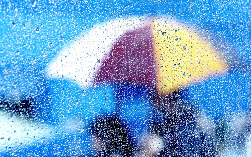 Person with Umbrella in Rain — Blue, Dreary, Photograph