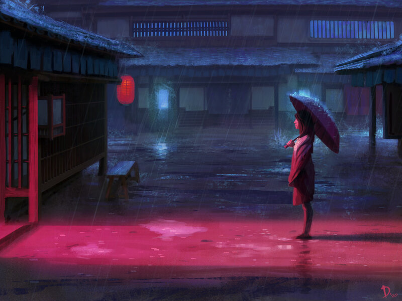 Person with Umbrella in Rain — Blue, Melancholic, Night, Digital Art, Lantern