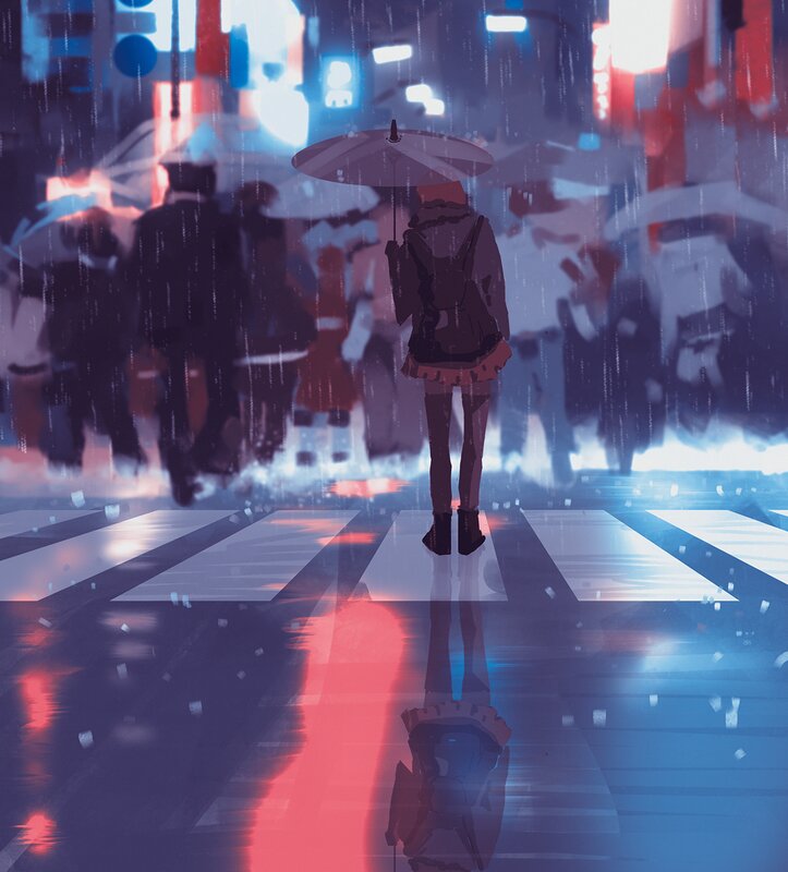 Person with Umbrella in Rain — Blue, Melancholic, Night, Digital Art