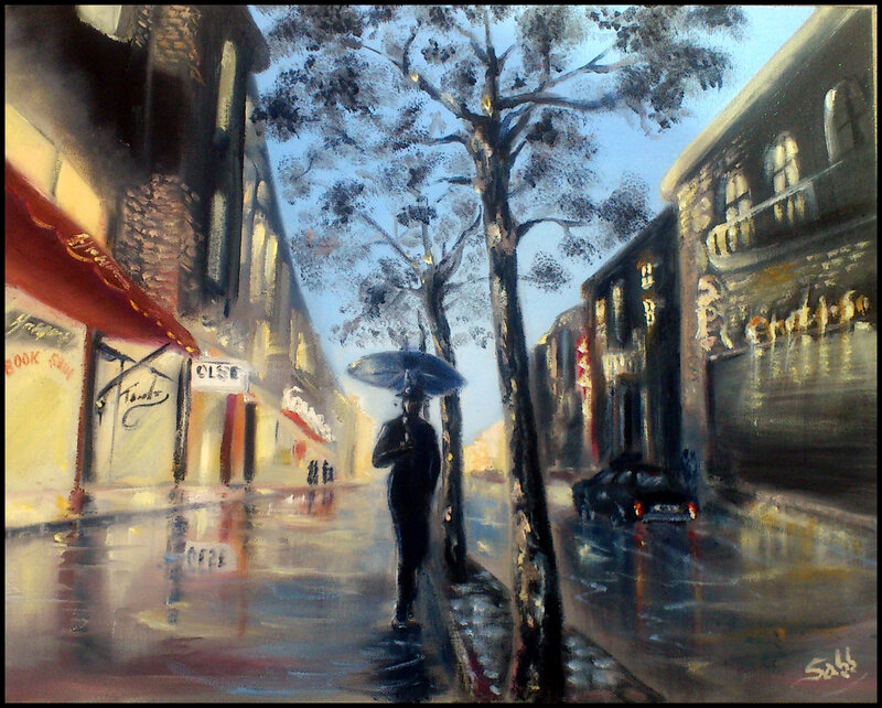 Person with Umbrella in Rain — Blue, Melancholic, Night, Painting