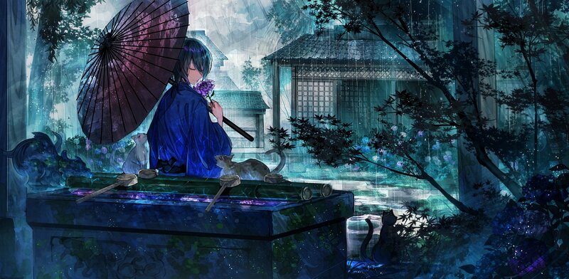 Person with Umbrella in Rain — Blue, Serene