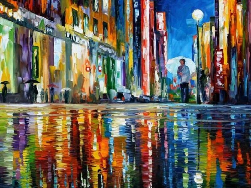 Person with Umbrella in Rain — Blue, Vibrant, Night, Painting