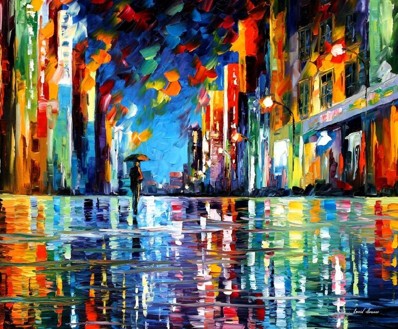 Person with Umbrella in Rain — Blue, Vibrant, Night