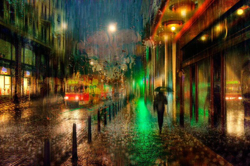 Person with Umbrella in Rain — Green, Dramatic