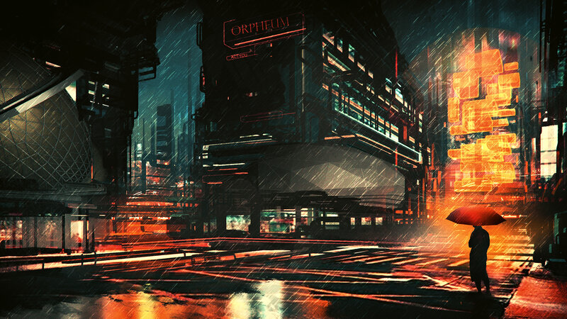 Person with Umbrella in Rain — Orange, Dramatic