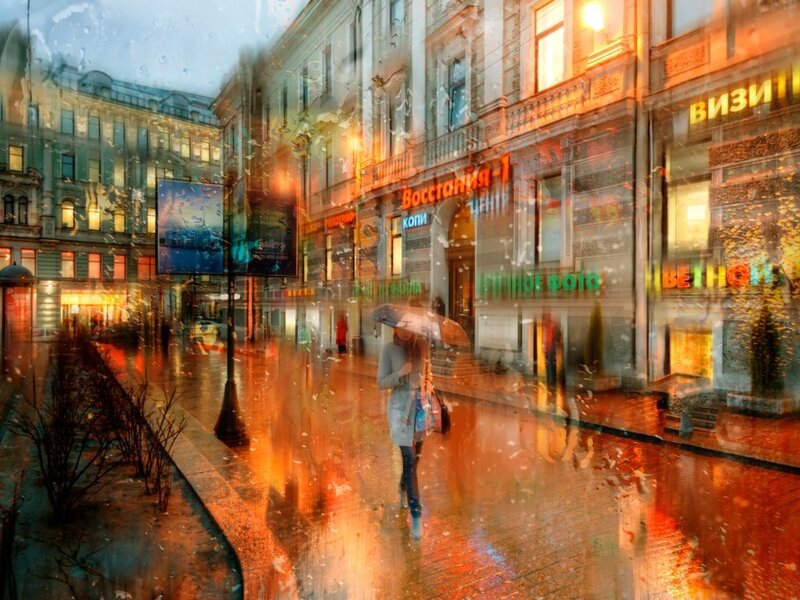 Person with Umbrella in Rain — Orange
