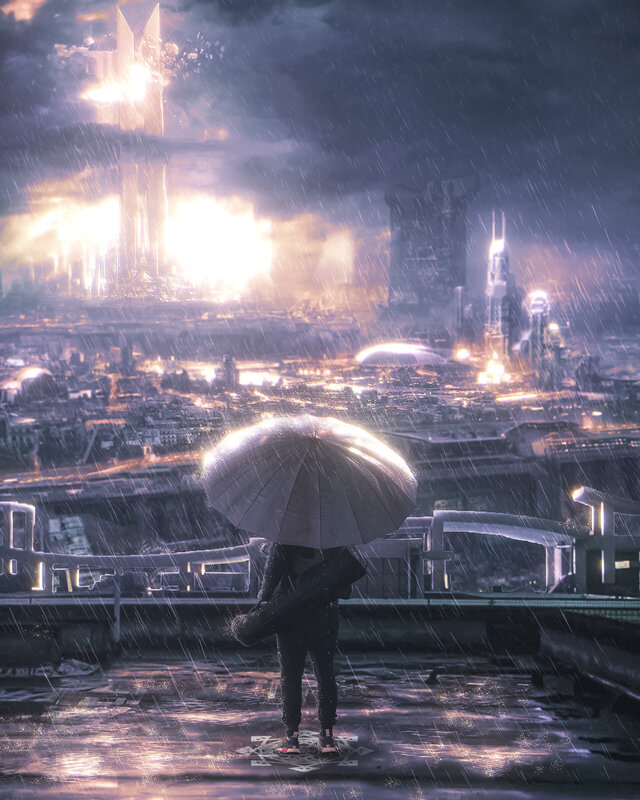 Person with Umbrella in Rain — Purple, Dramatic