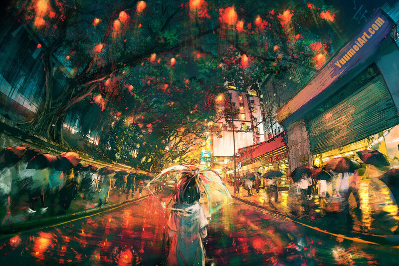 Person with Umbrella in Rain — Red, Dramatic