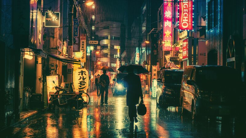 Person with Umbrella in Rain — Yellow, Dramatic, Night, Photograph