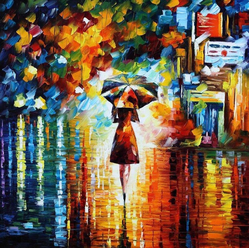 Person with Umbrella in Rain — Yellow, Dramatic, Night