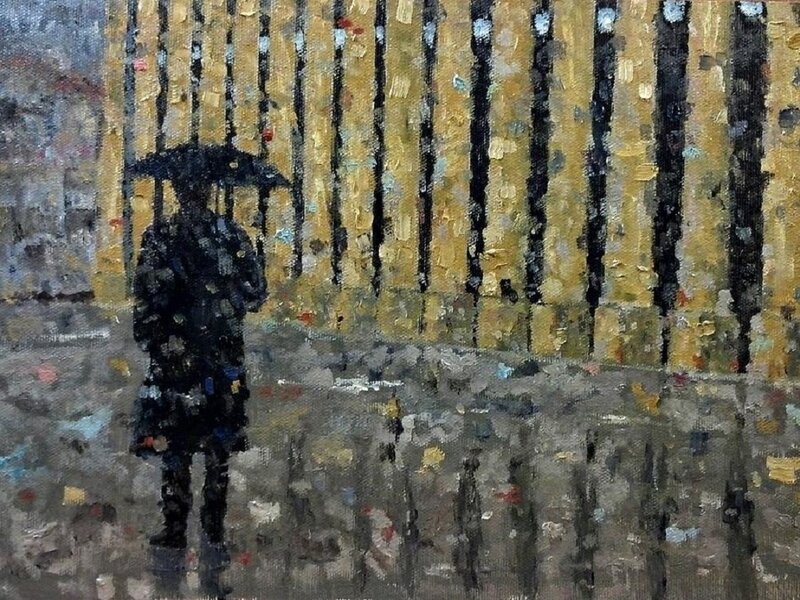 Person with Umbrella in Rain — Yellow, Dreary