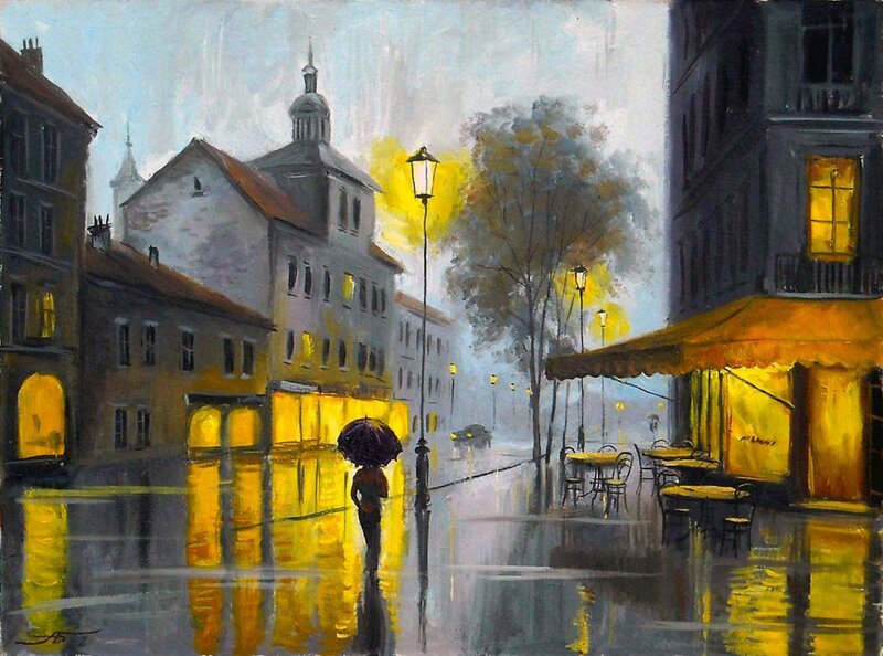 Person with Umbrella in Rain — Yellow, Moody