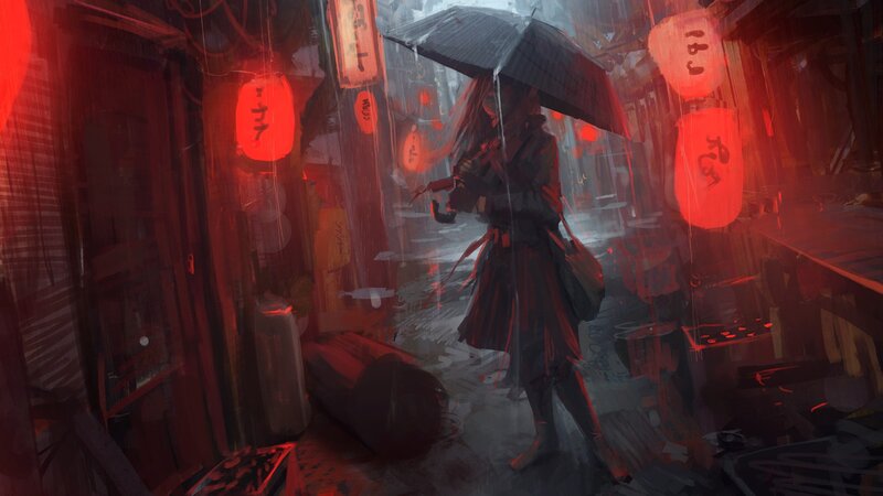 person with umbrella in rainy alley