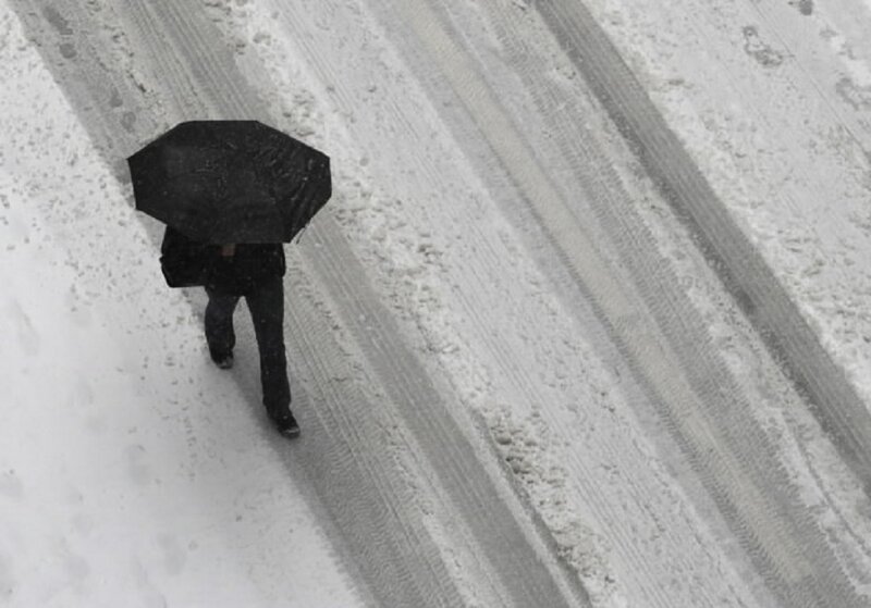Person with Umbrella in Snow — Black, Dreary