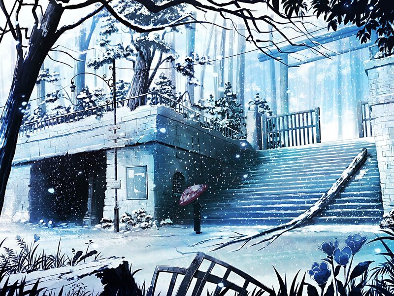 Person with Umbrella in Snow — Blue, Serene