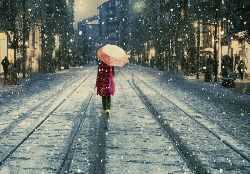 Person with Umbrella in Snow — White, Cold, Night, Photograph