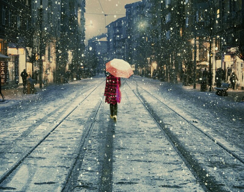 Person with Umbrella in Snow — White, Cold